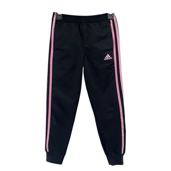 Adidas Girls Tricot Joggers Black Pink 3-Stripes Size 6 - Picture 1 of 16